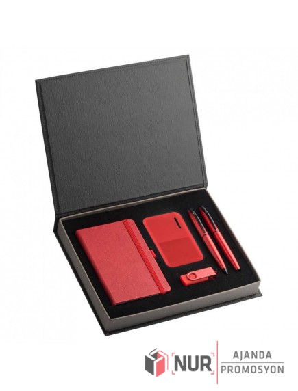 Metal USB Bellek Powerbank ve Termo Deri Defter Seti